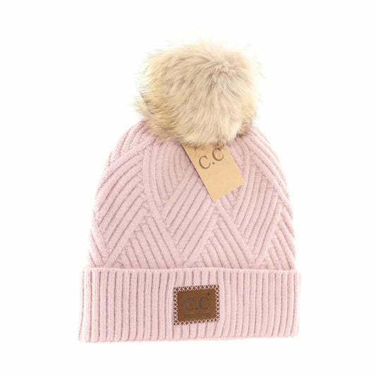 C.C Beanie Large Patch Faux Fur Pom Beanie