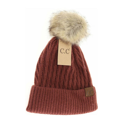 C.C Beanie Solid Honey Comb Faux Fur Pom Beanie