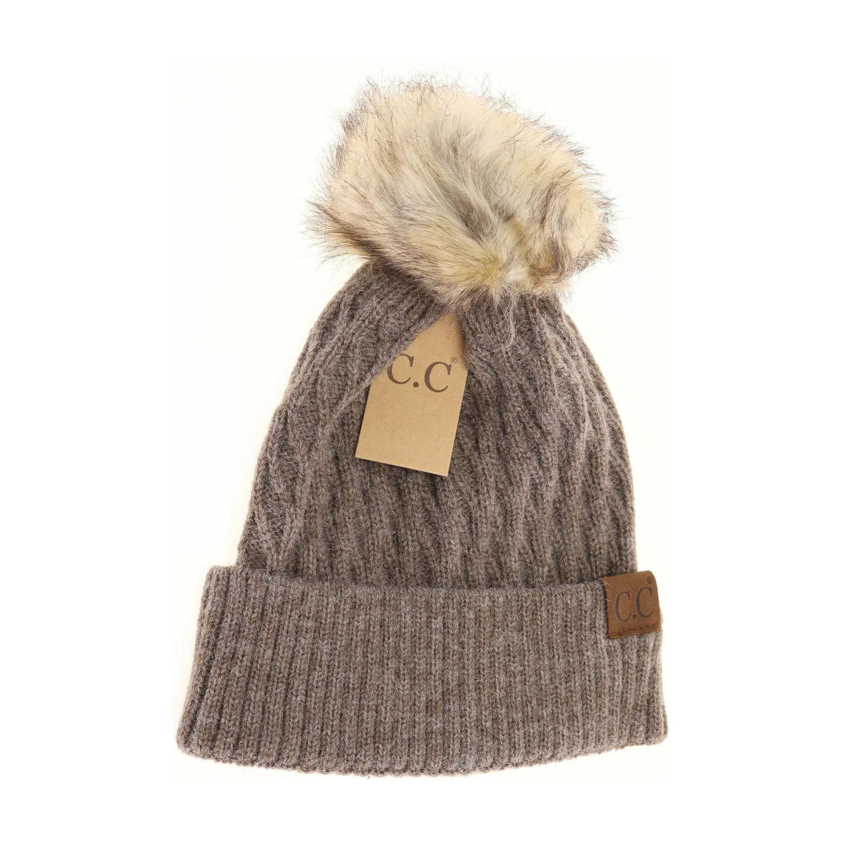 C.C Beanie Solid Honey Comb Faux Fur Pom Beanie