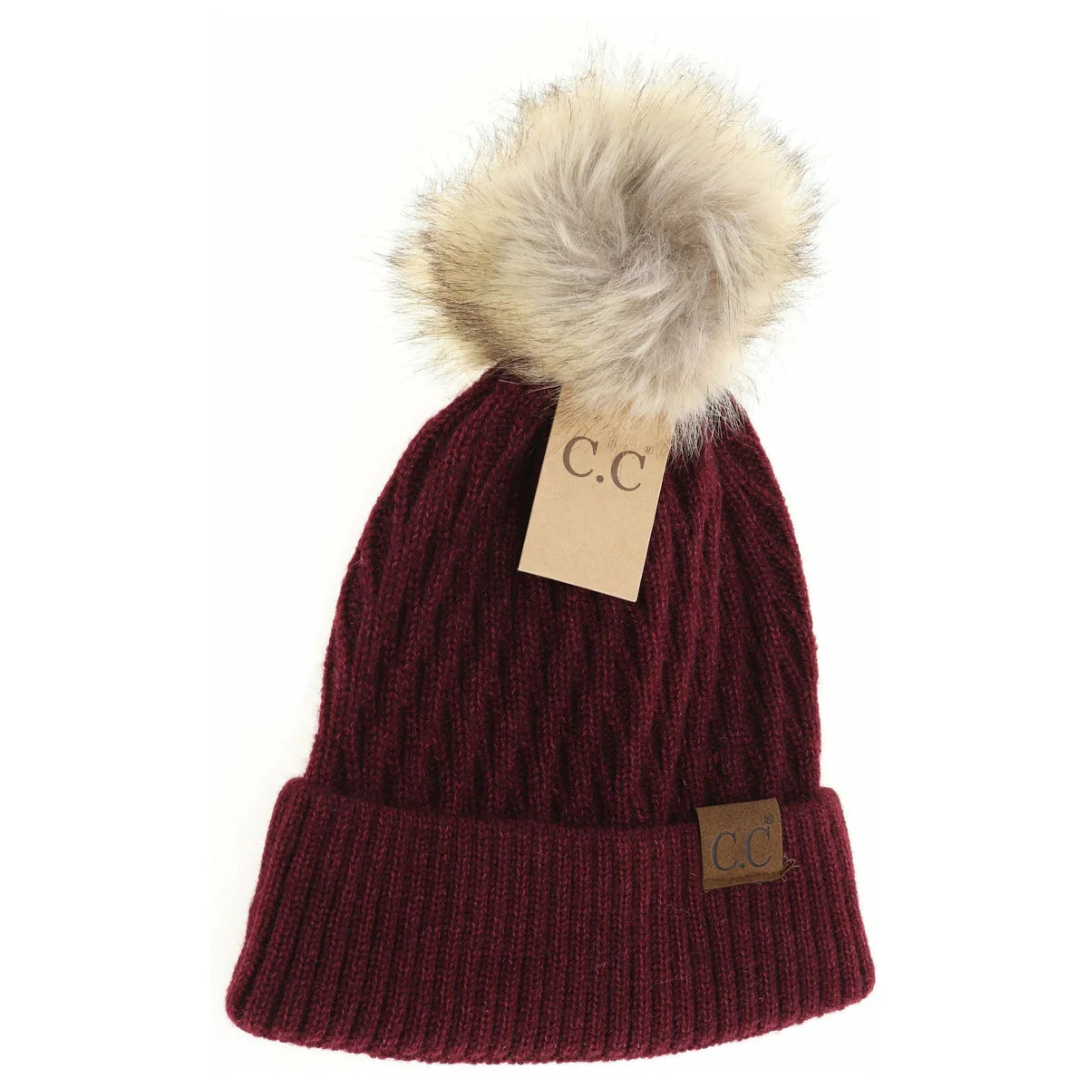 C.C Beanie Solid Honey Comb Faux Fur Pom Beanie