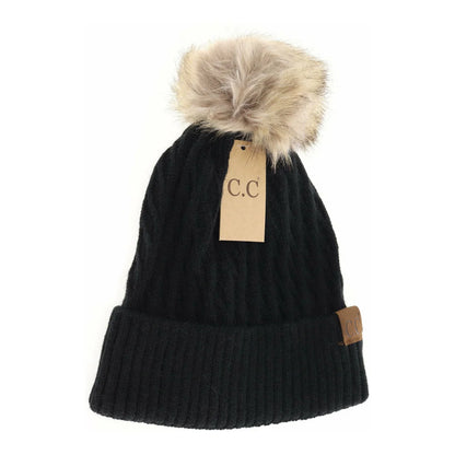 C.C Beanie Solid Honey Comb Faux Fur Pom Beanie