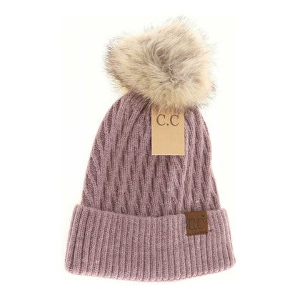 C.C Beanie Solid Honey Comb Faux Fur Pom Beanie