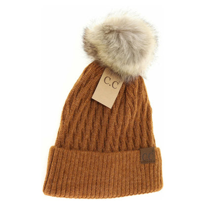 C.C Beanie Solid Honey Comb Faux Fur Pom Beanie