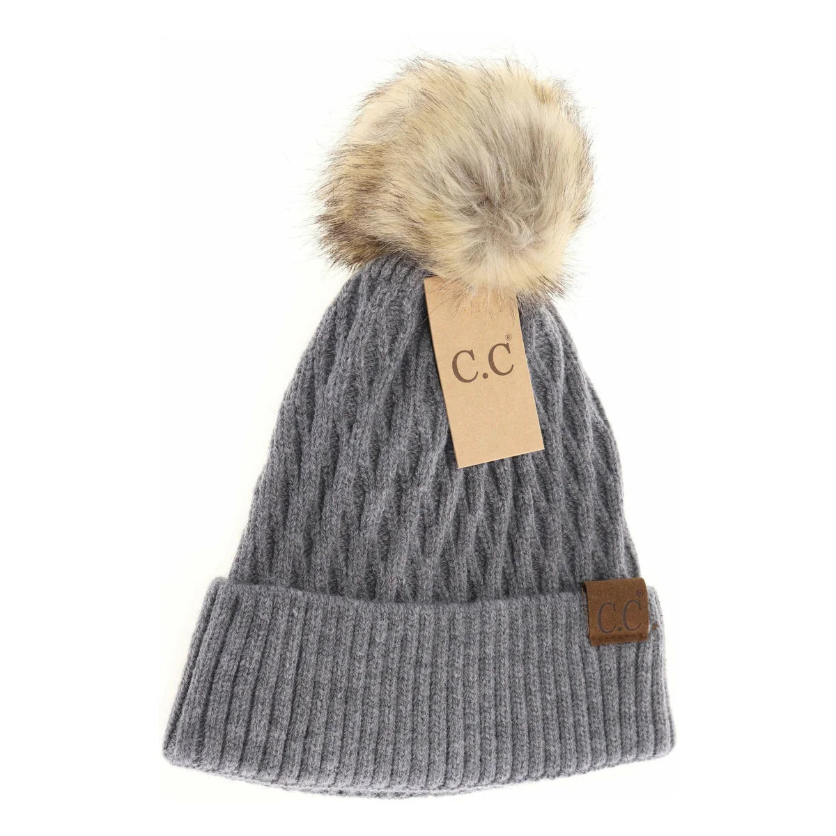 C.C Beanie Solid Honey Comb Faux Fur Pom Beanie