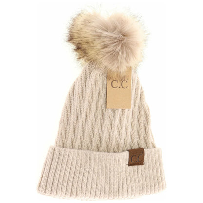 C.C Beanie Solid Honey Comb Faux Fur Pom Beanie