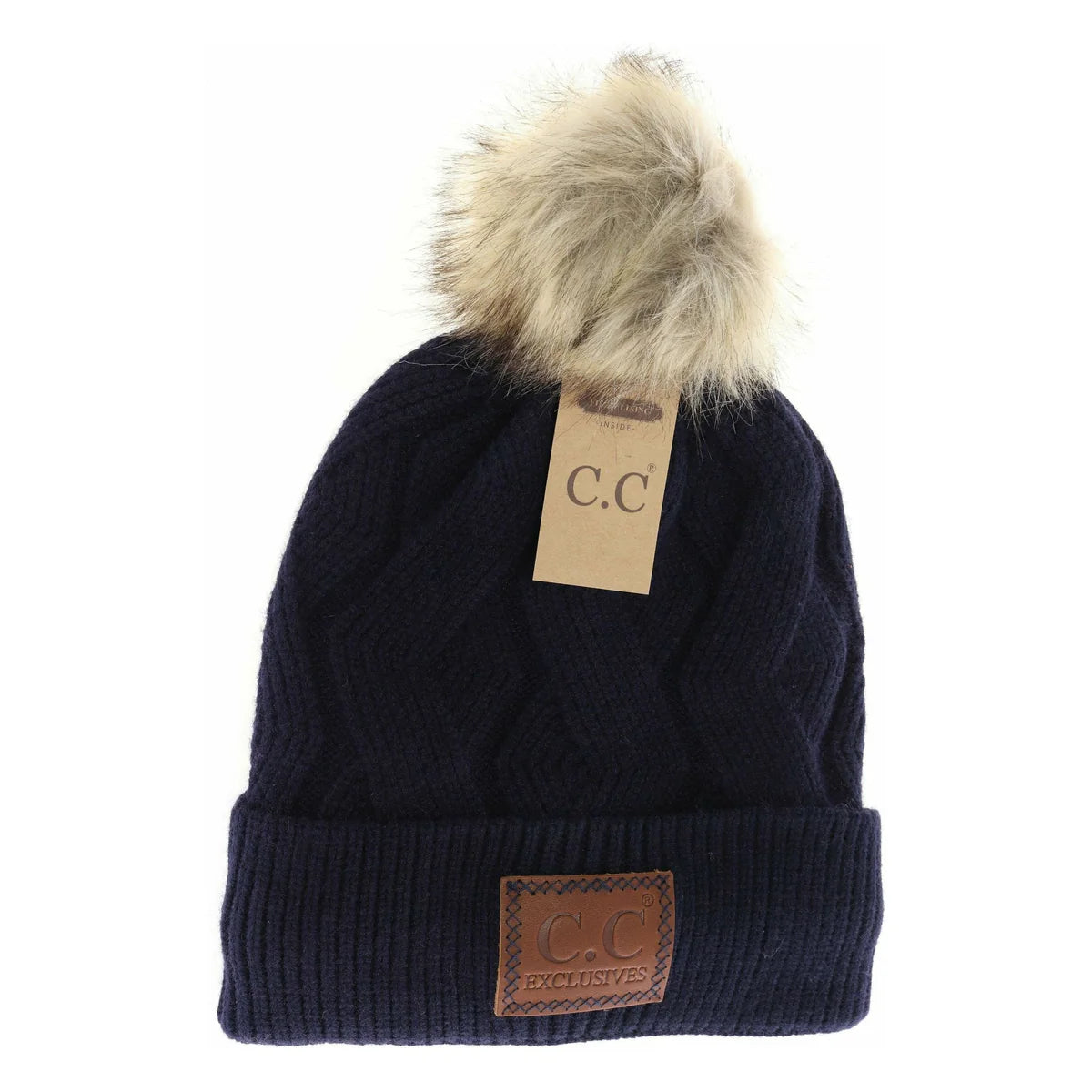 C.C Beanie Geometric Large Patch Faux Fur Pom Beanie