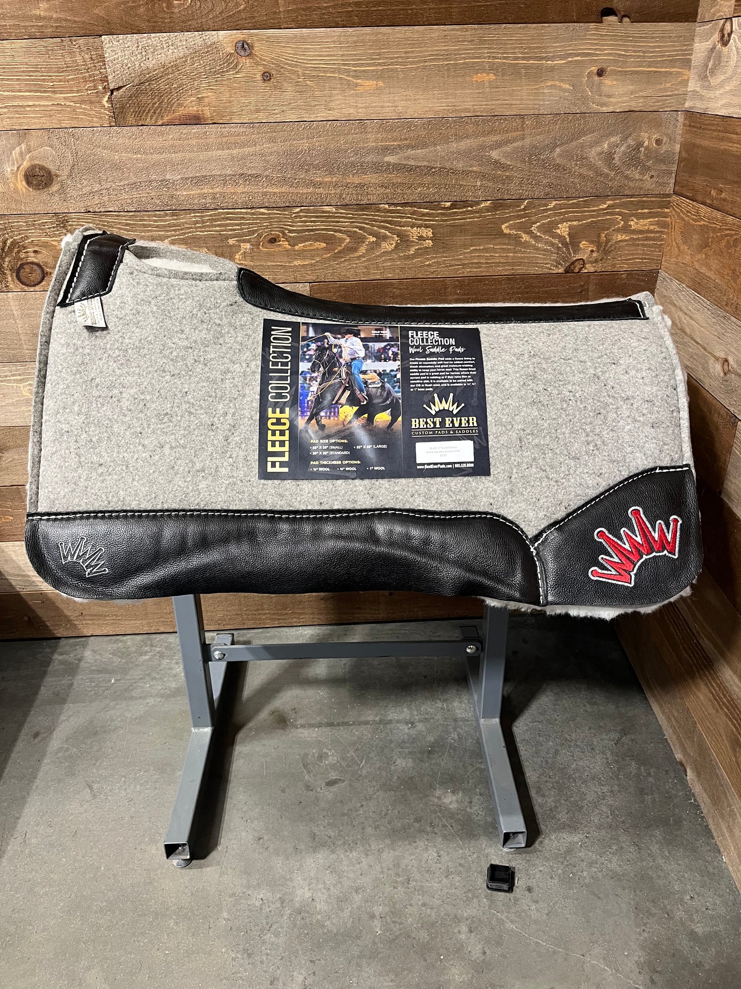 Best Ever Kush Fleece Saddle Pad - Black Leather Silver and Red Crown (1" thick, 32"X32")