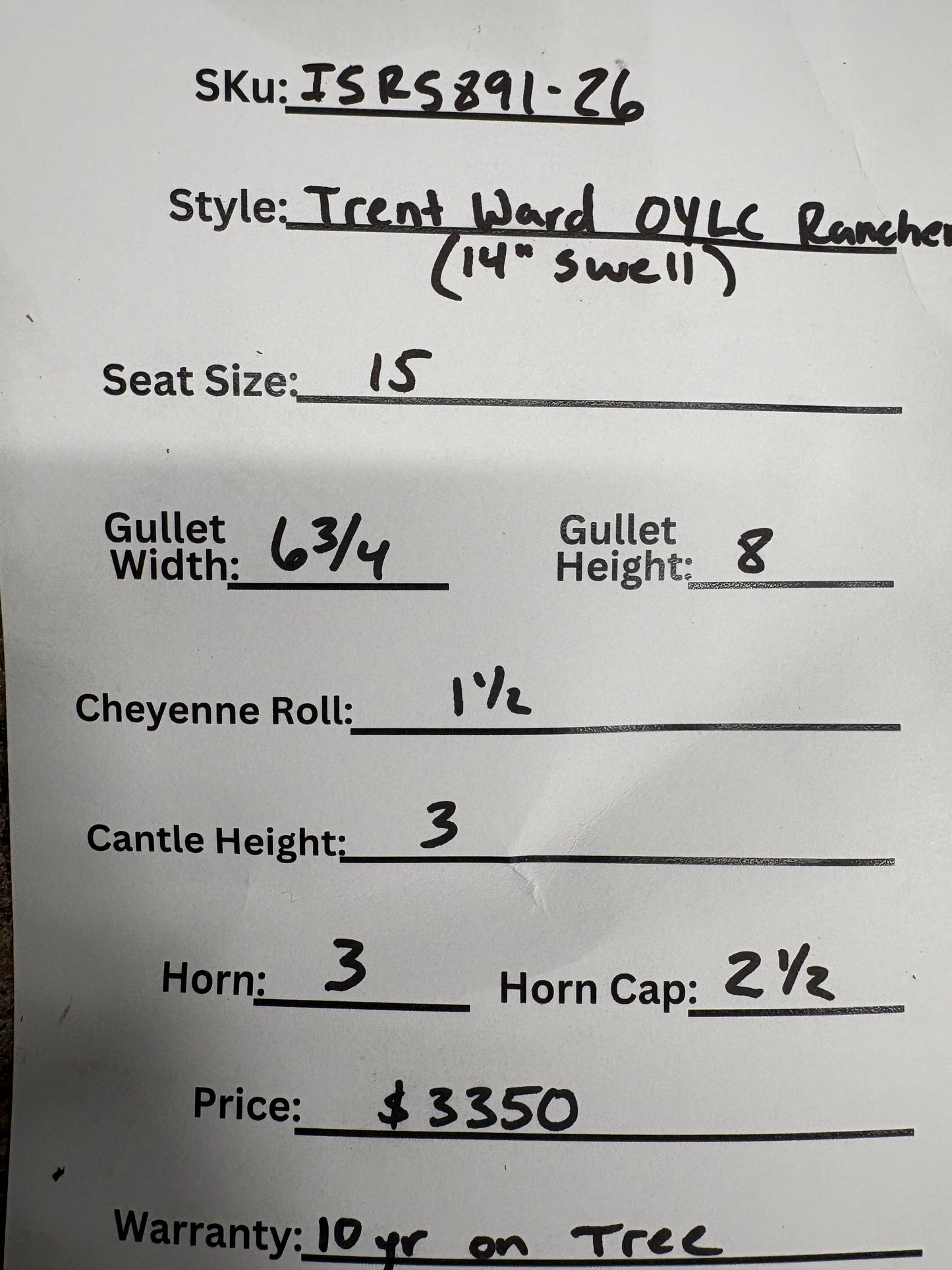 Trent Ward 15" OYLC Rancher Saddle