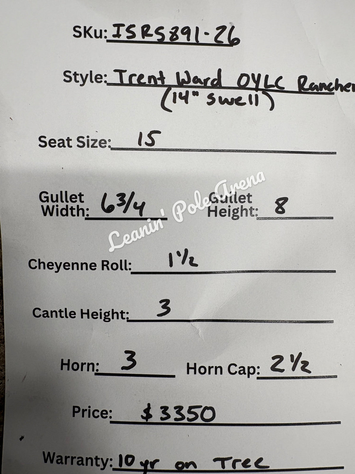 Trent Ward 15" OYLC Rancher Saddle
