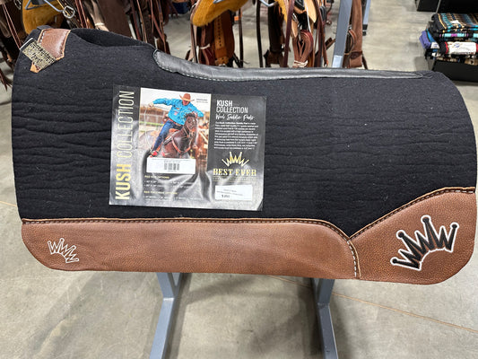 Best Ever Black Kush Saddle Pad - Oak Nut Leather-Crown in White/Black (1" thick, 32"X32")