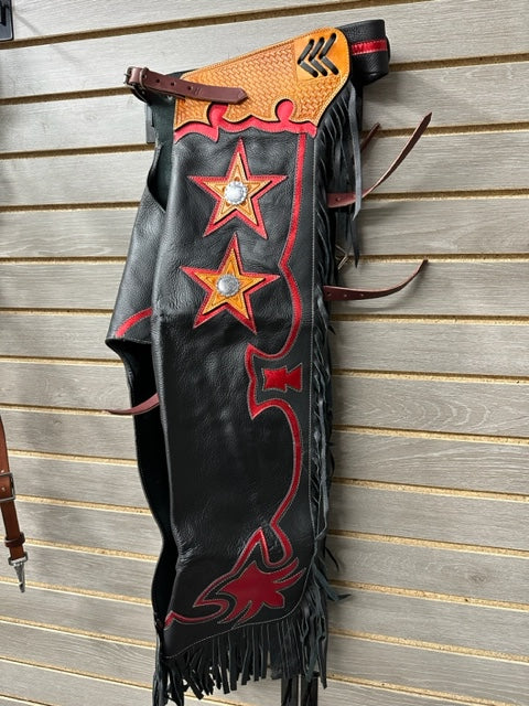 Jerry Beagley Medium Youth Rodeo Chaps/Chinks - Red with Black