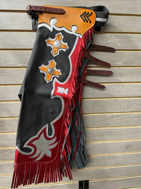 Jerry Beagley Small Youth Rodeo Chaps/Chinks - Black with Red and Silver