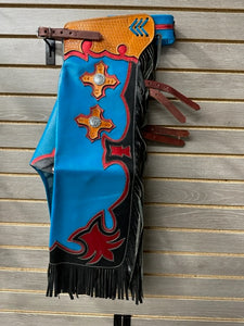 Jerry Beagley Small Youth Rodeo Chaps/Chinks - Turquoise/Red/Black