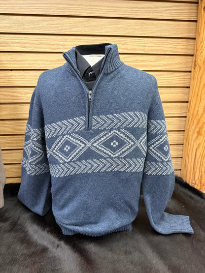 Stetson Men's Blue Aztec Border Wool Blend ¼ Zip Sweater
