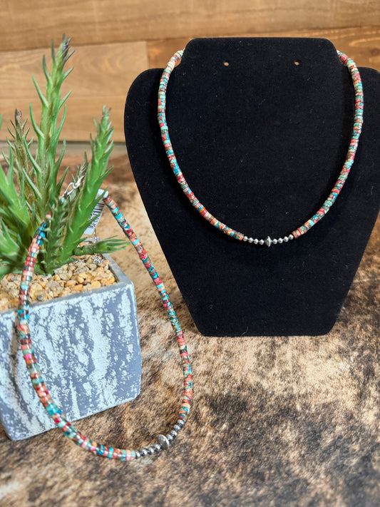 Sterling Silver Pearls with Pink & Blue Sea Sediment Heishi Choker