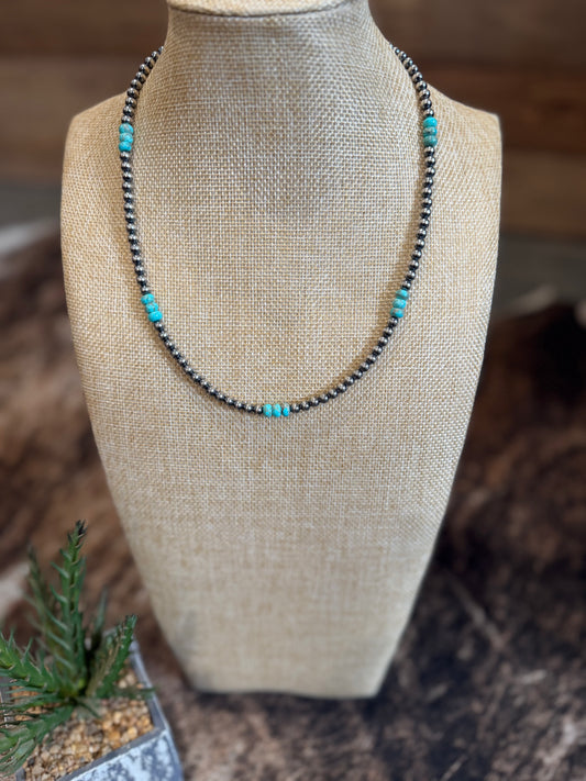 Sterling Silver Pearls with Turquoise & Variscite Rondelles Necklace