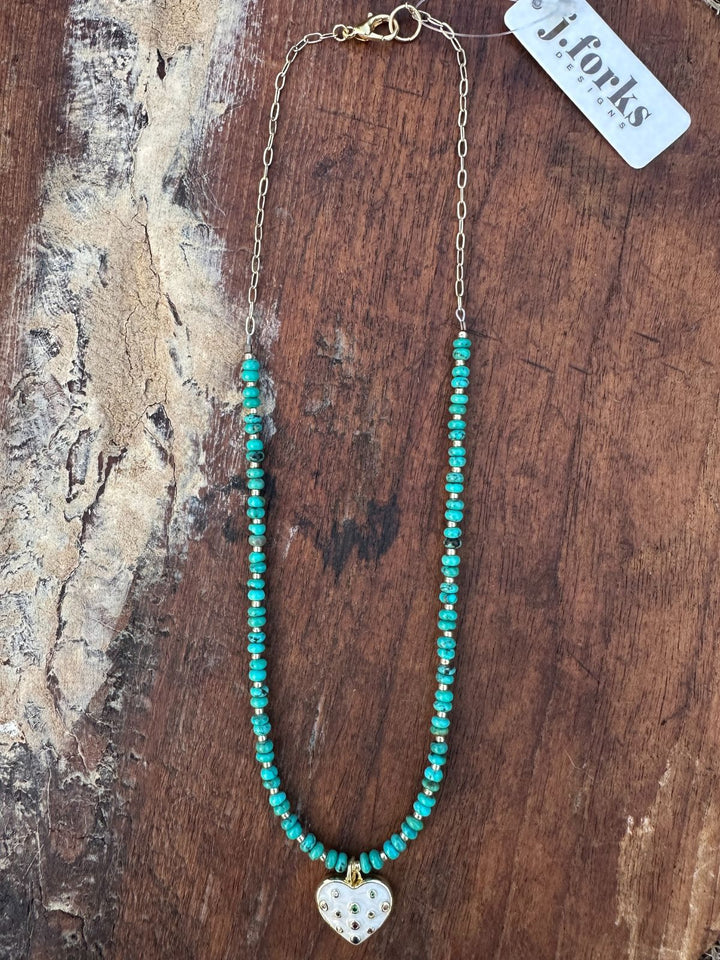 J.Forks Turquoise & Enamel Heart Charm Necklace