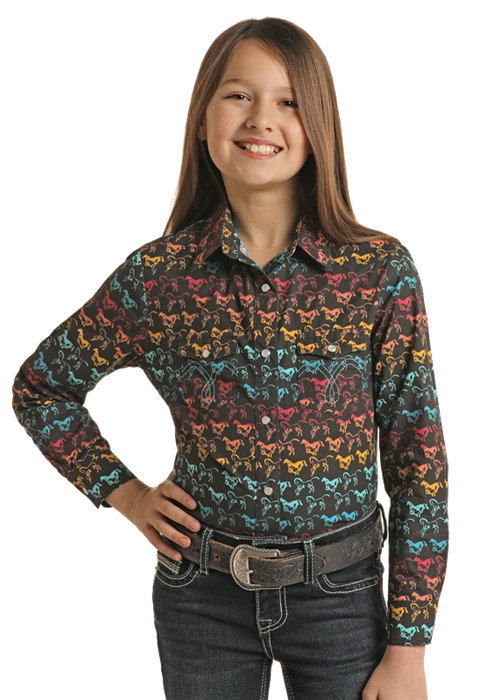 Panhandle Girl's Rainbow Horses Western Shirt