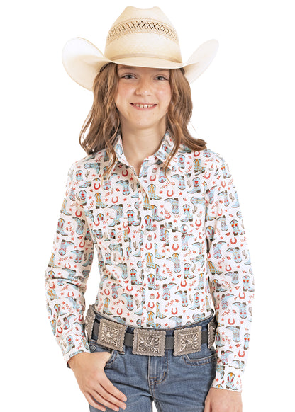 Panhandle Girl's Light Turquoise Boot Print Western Shirt