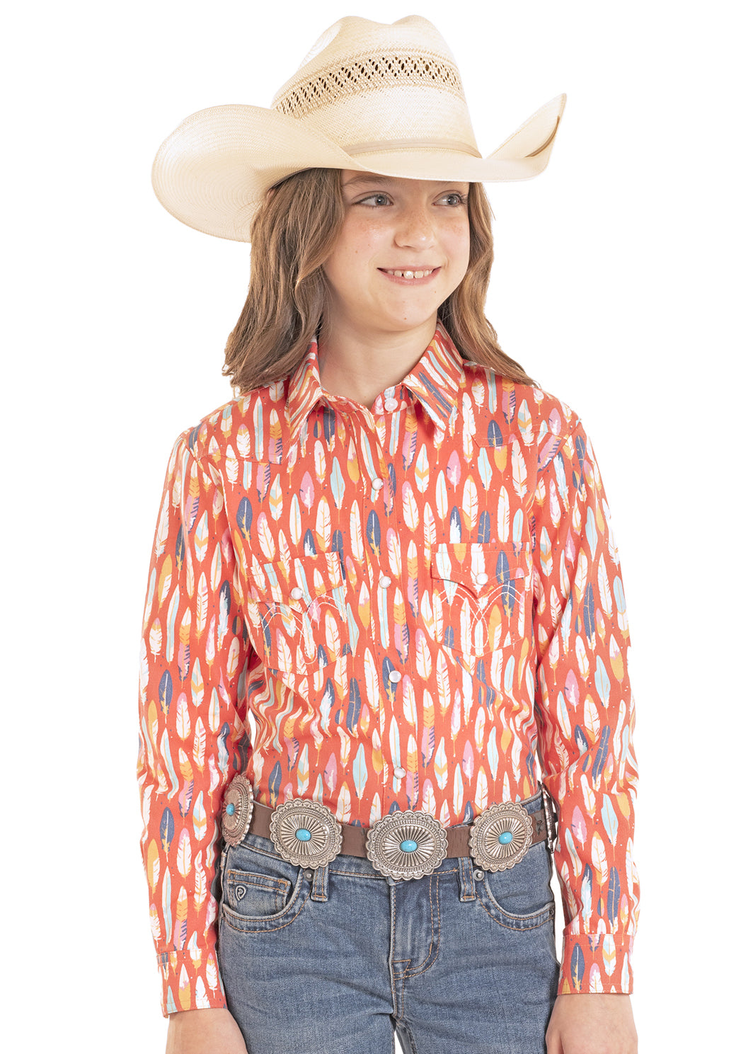 Panhandle Girl's Coral Feather Print Western Shirt