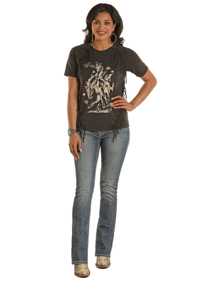 Panhandle Women's Black Fringe Buckin' Horse T-Shirt