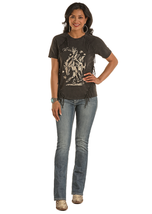 Panhandle Women's Black Fringe Buckin' Horse T-Shirt