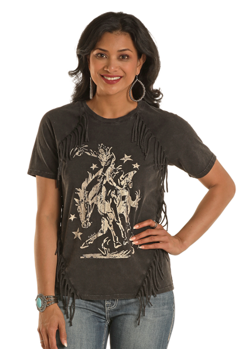 Panhandle Women's Black Fringe Buckin' Horse T-Shirt