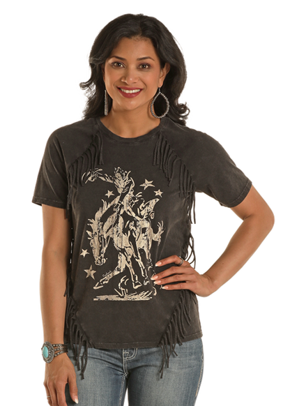 Panhandle Women's Black Fringe Buckin' Horse T-Shirt