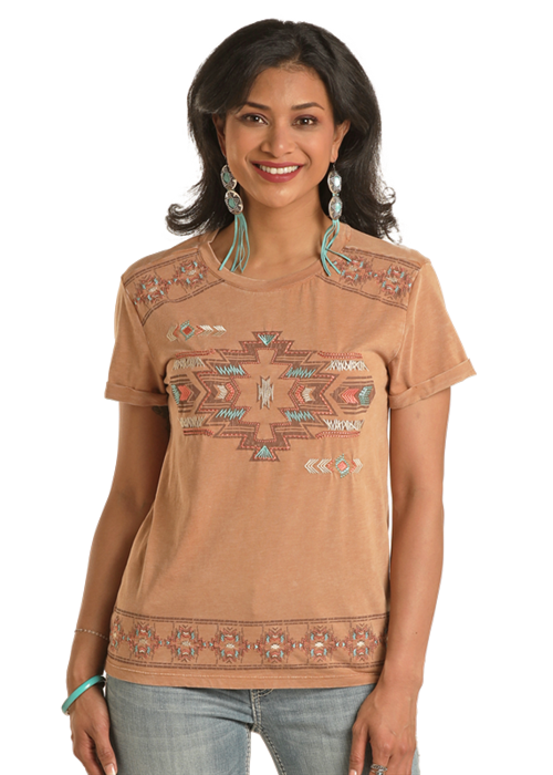 Panhandle Women's Brown Boxy Embroidered T-Shirt