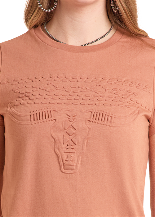 Panhandle Women's Light Camel Embossed Skull T-Shirt