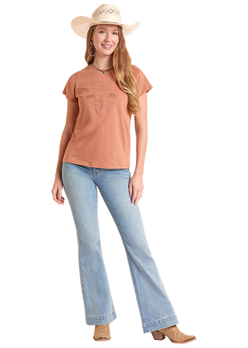 Panhandle Women's Light Camel Embossed Skull T-Shirt