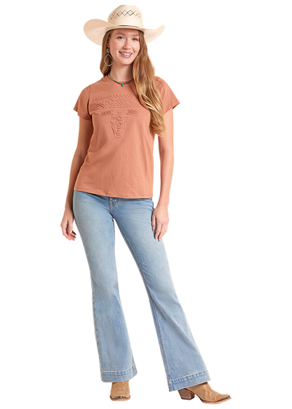Panhandle Women's Light Camel Embossed Skull T-Shirt