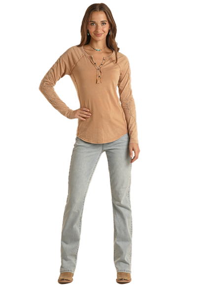 Panhandle Women's Brown Henley Long Sleeve T-Shirt