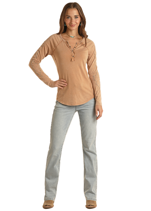 Panhandle Women's Brown Henley Long Sleeve T-Shirt