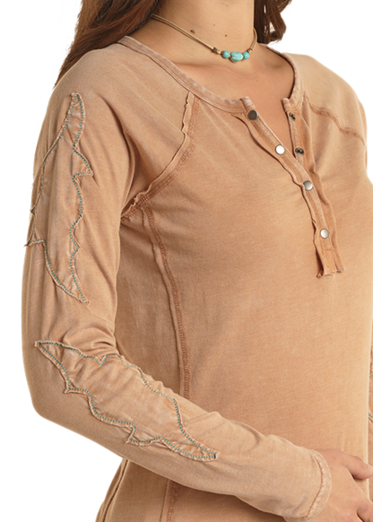 Panhandle Women's Brown Henley Long Sleeve T-Shirt