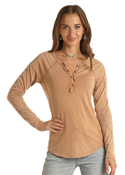 Panhandle Women's Brown Henley Long Sleeve T-Shirt