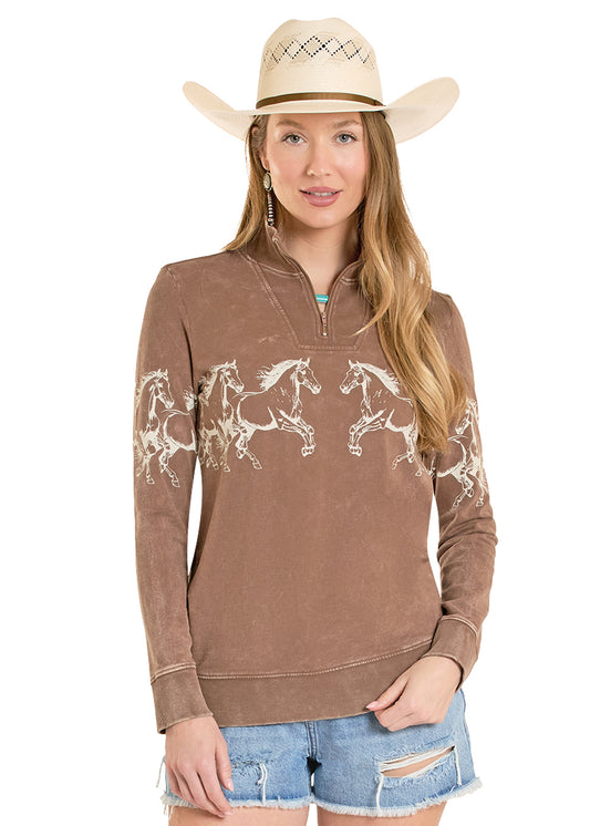 Panhandle Women's Brown Border Horse Print Pullover