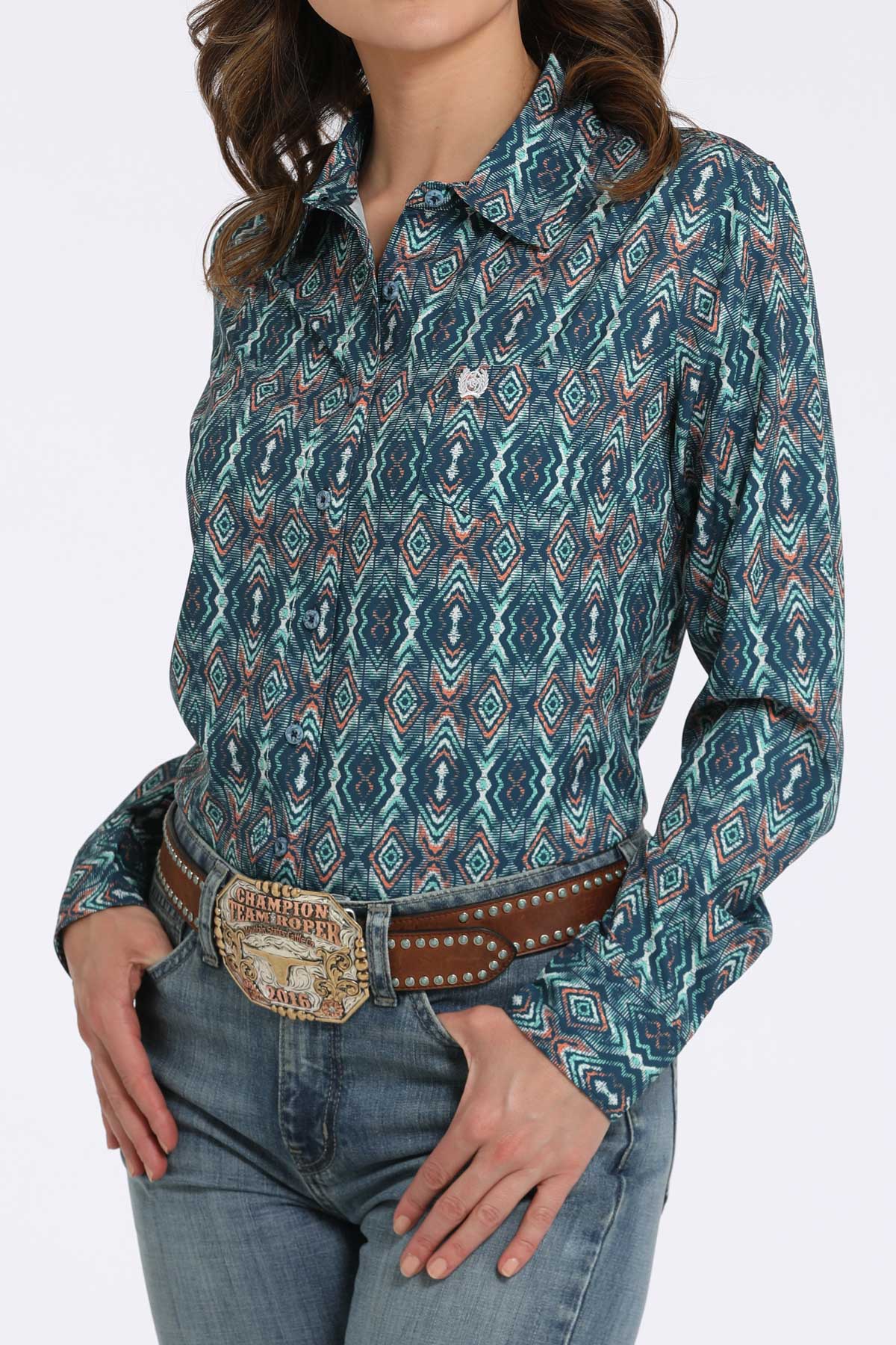 Cinch Women's ArenaFlex Navy & Coral Geo Western Shirt