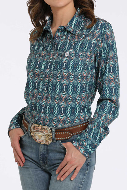 Cinch Women's ArenaFlex Navy & Coral Geo Western Shirt