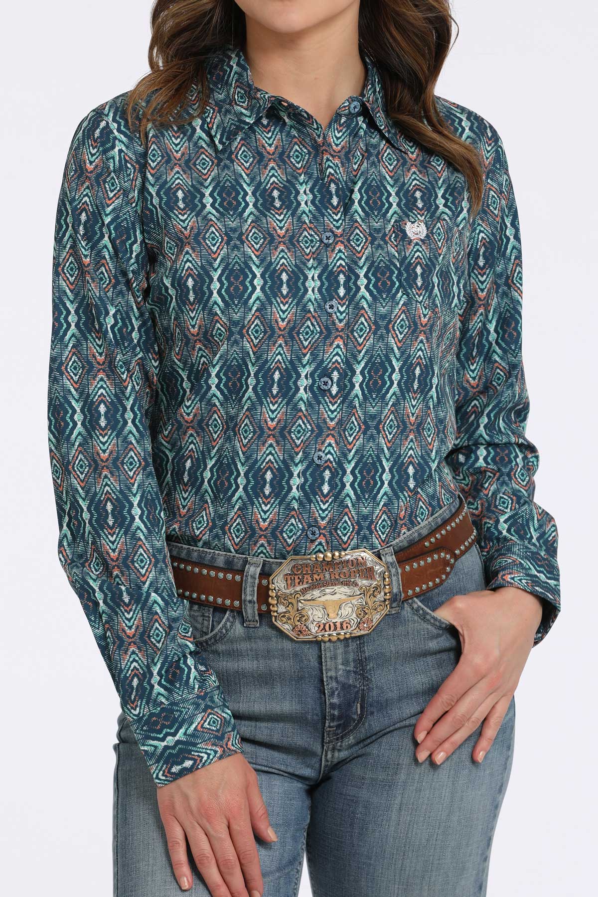 Cinch Women's ArenaFlex Navy & Coral Geo Western Shirt