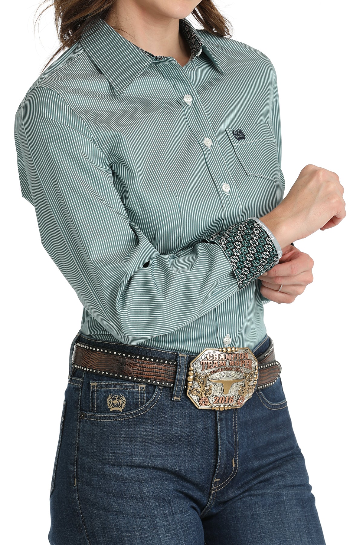 Cinch Women's Tencel Teal & Black MircoStripe Western Shirt