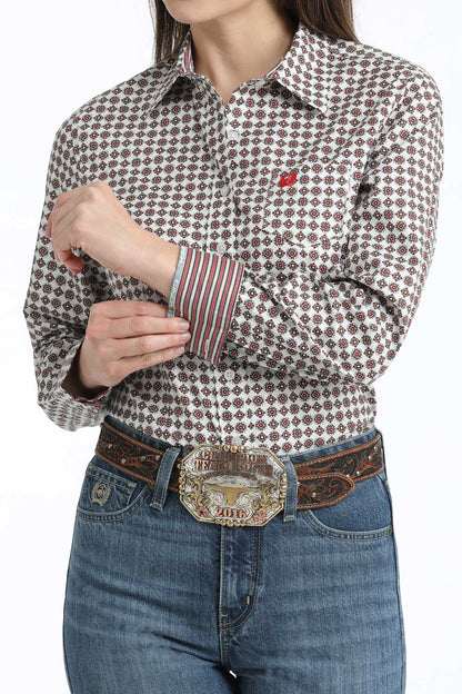 Cinch Women's White & Red Diamond Print Western Shirt