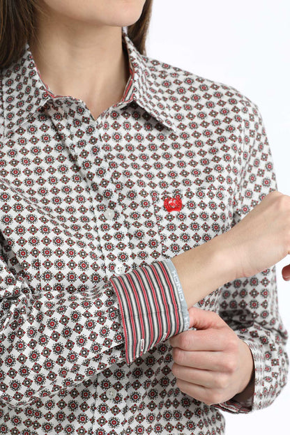 Cinch Women's White & Red Diamond Print Western Shirt