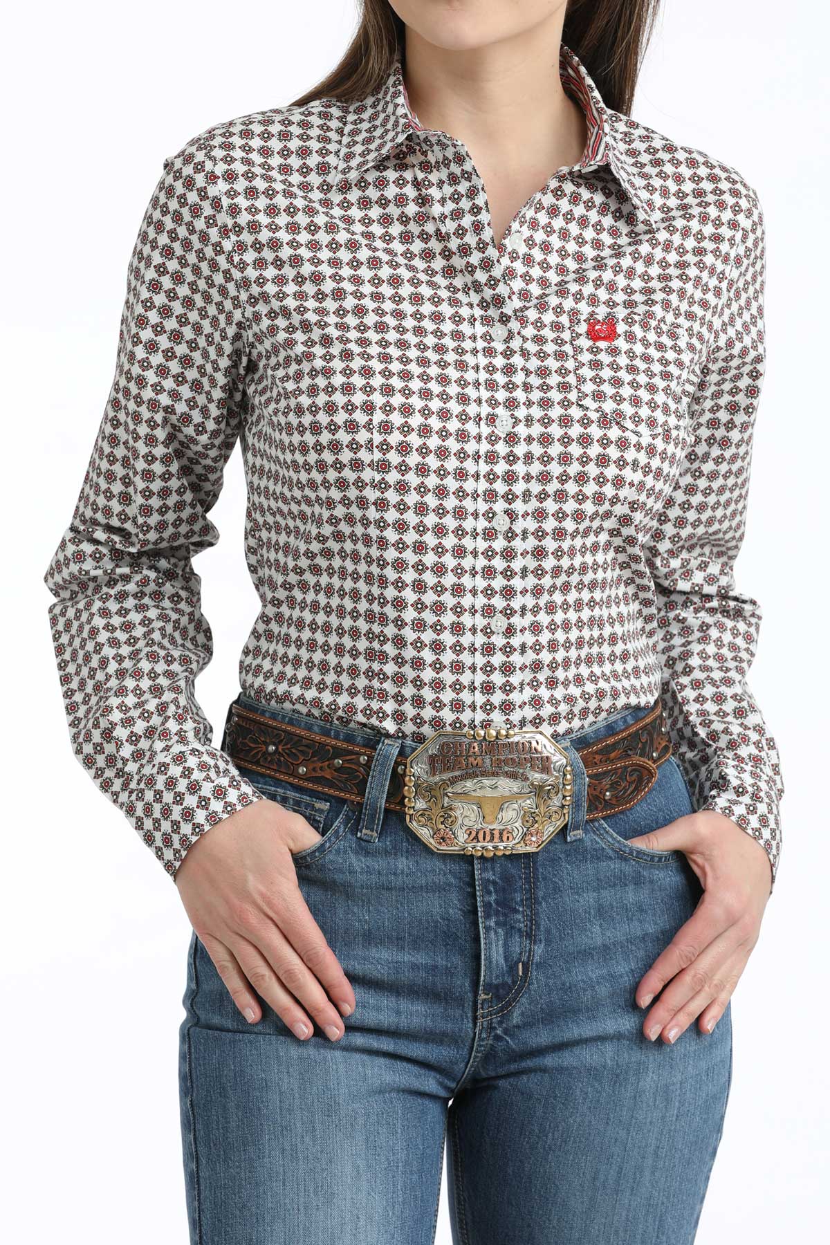 Cinch Women's White & Red Diamond Print Western Shirt