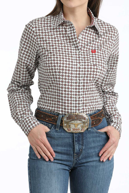 Cinch Women's White & Red Diamond Print Western Shirt