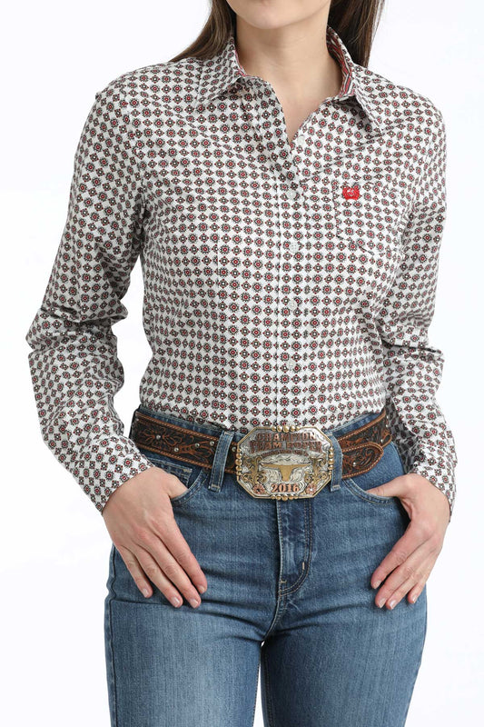 Cinch Women's White & Red Diamond Print Western Shirt