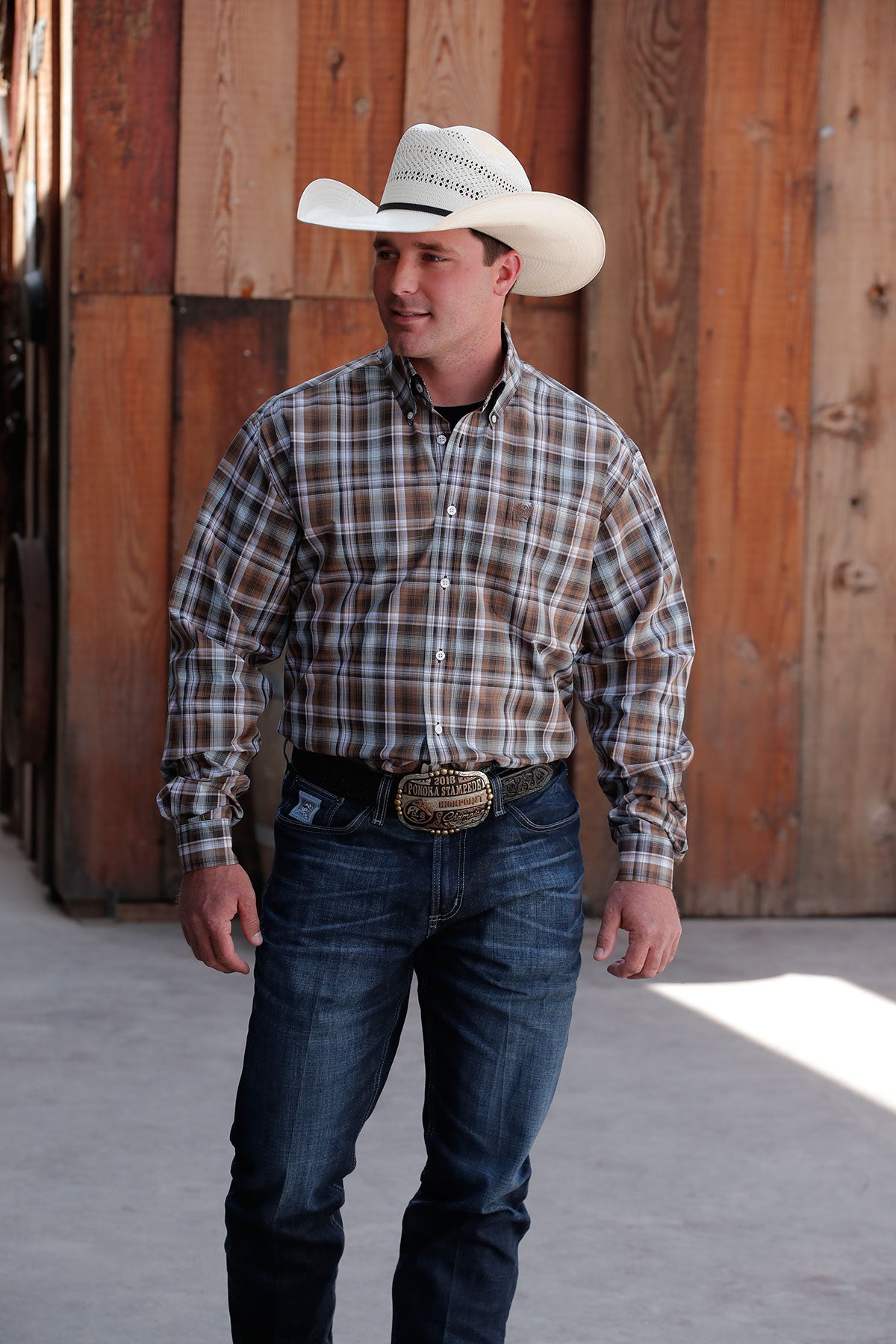 Cinch Men's Brown & Light Blue Plaid Western Shirt