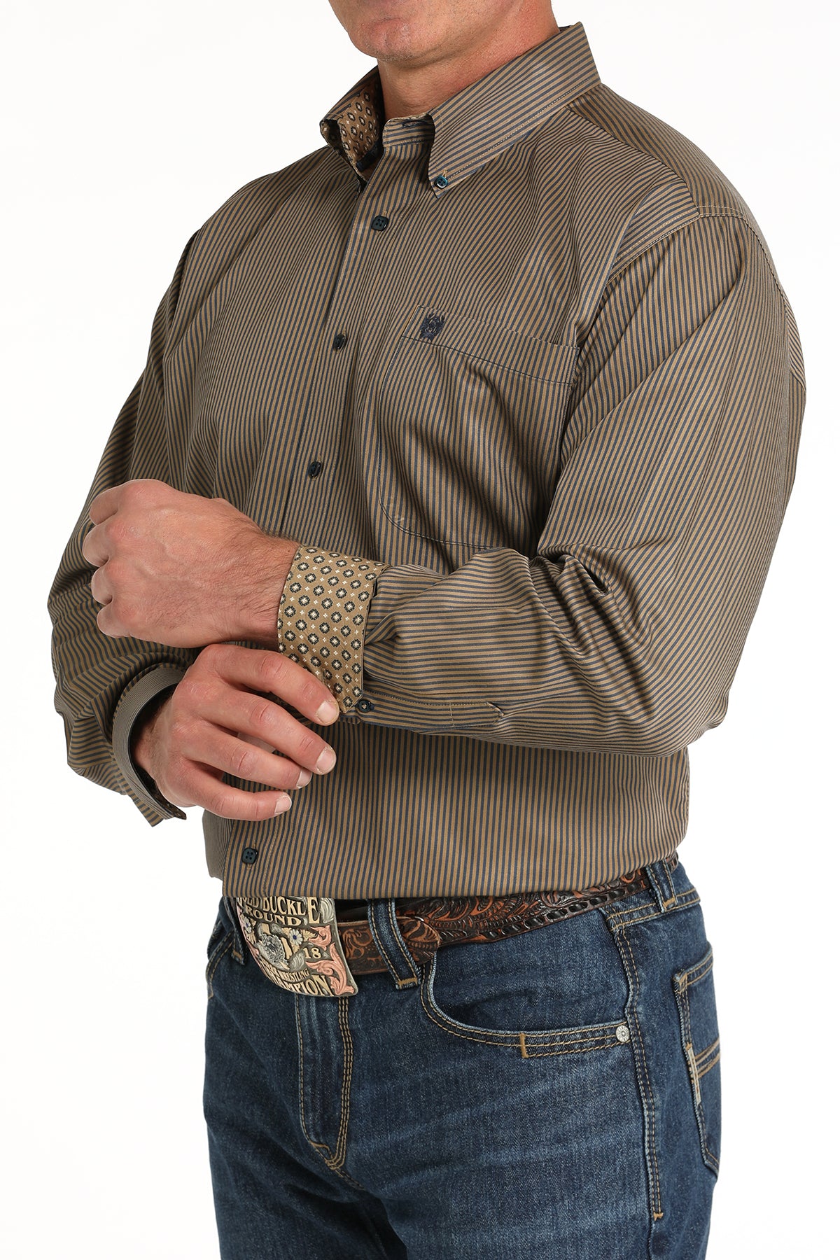 Cinch Men's Tencel Dark Tan & Navy Pinstripe Western Shirt