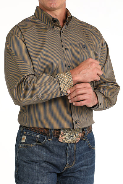 Cinch Men's Tencel Dark Tan & Navy Pinstripe Western Shirt