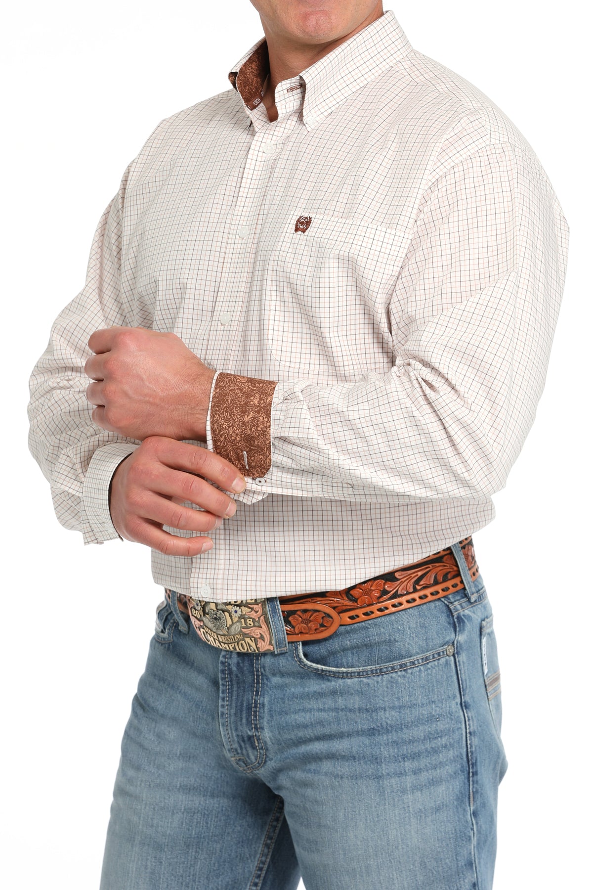 Cinch Men's White, Tan & Brown Square Stripe Western Shirt